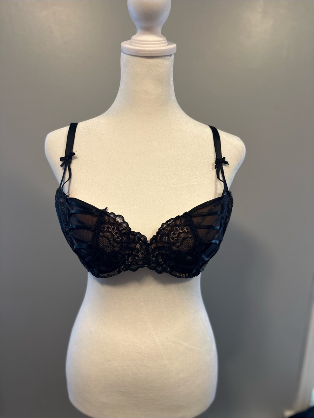 Adore Me Black Lace Underwire Bra with Sheer Panels